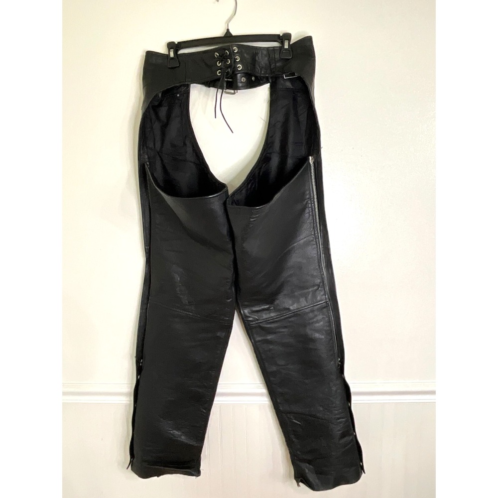 Silver Bike Bikers Black Leather Chaps Leather Studded Laces‎ Adult Size M